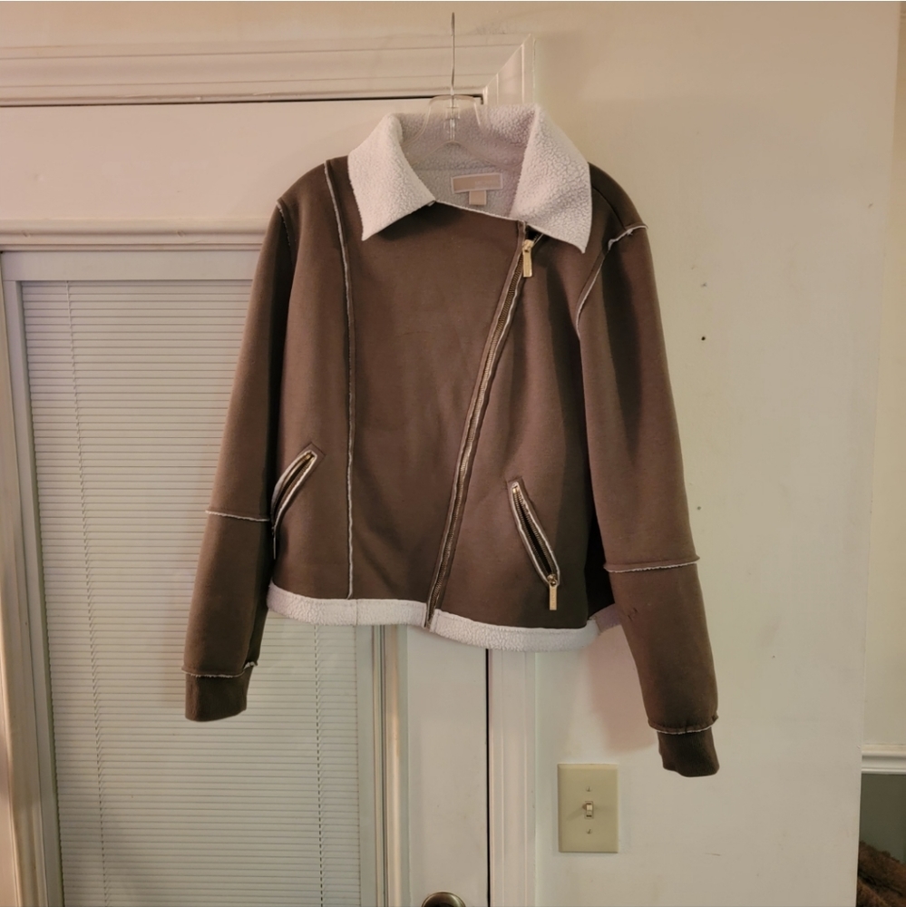 MICHAEL KORS asymmetric zip  Sherpa Lined Jacket Brown Women's Sz L.